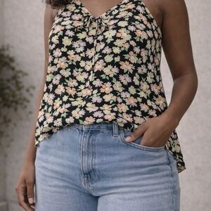 No Boundaries NOBO Black Pink Yelow  Pink Floral Haltar Top SZ Jr L 11/13 Spring